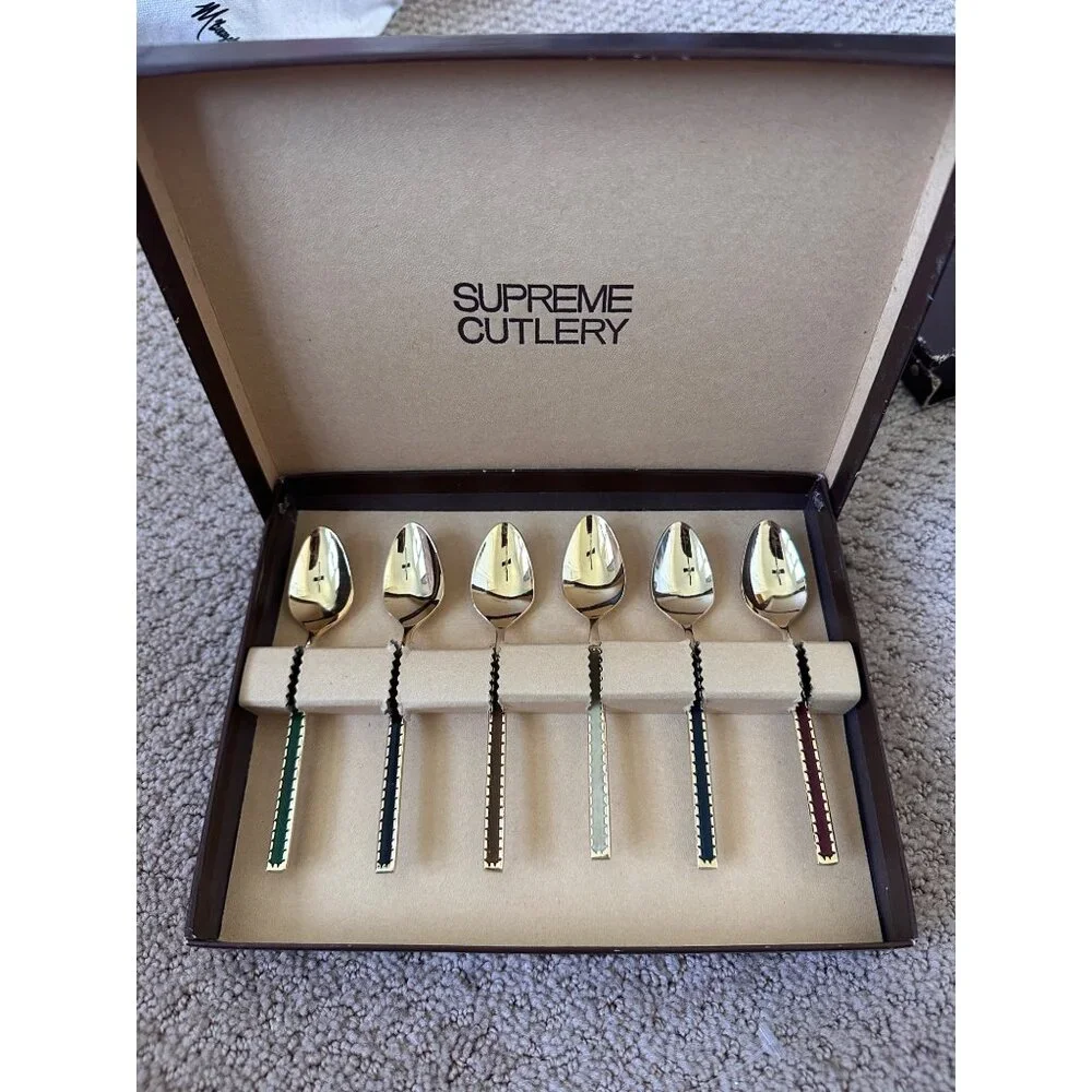 Vtg MCM Spoons Demitasse Hors d oeuvre Condiment Set 6 Piece Gold Color Enamel‎